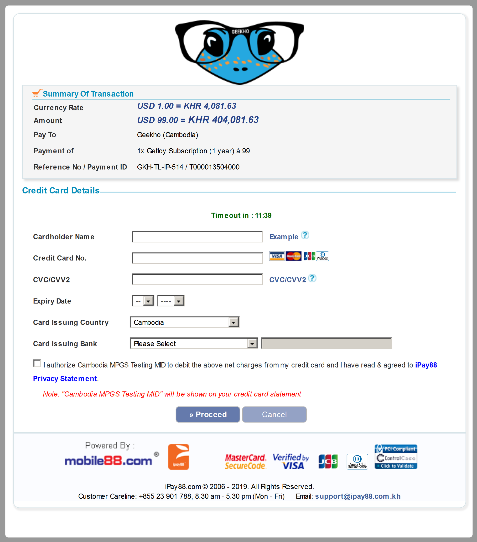 iPay88's payment interface for credit/debit card payments