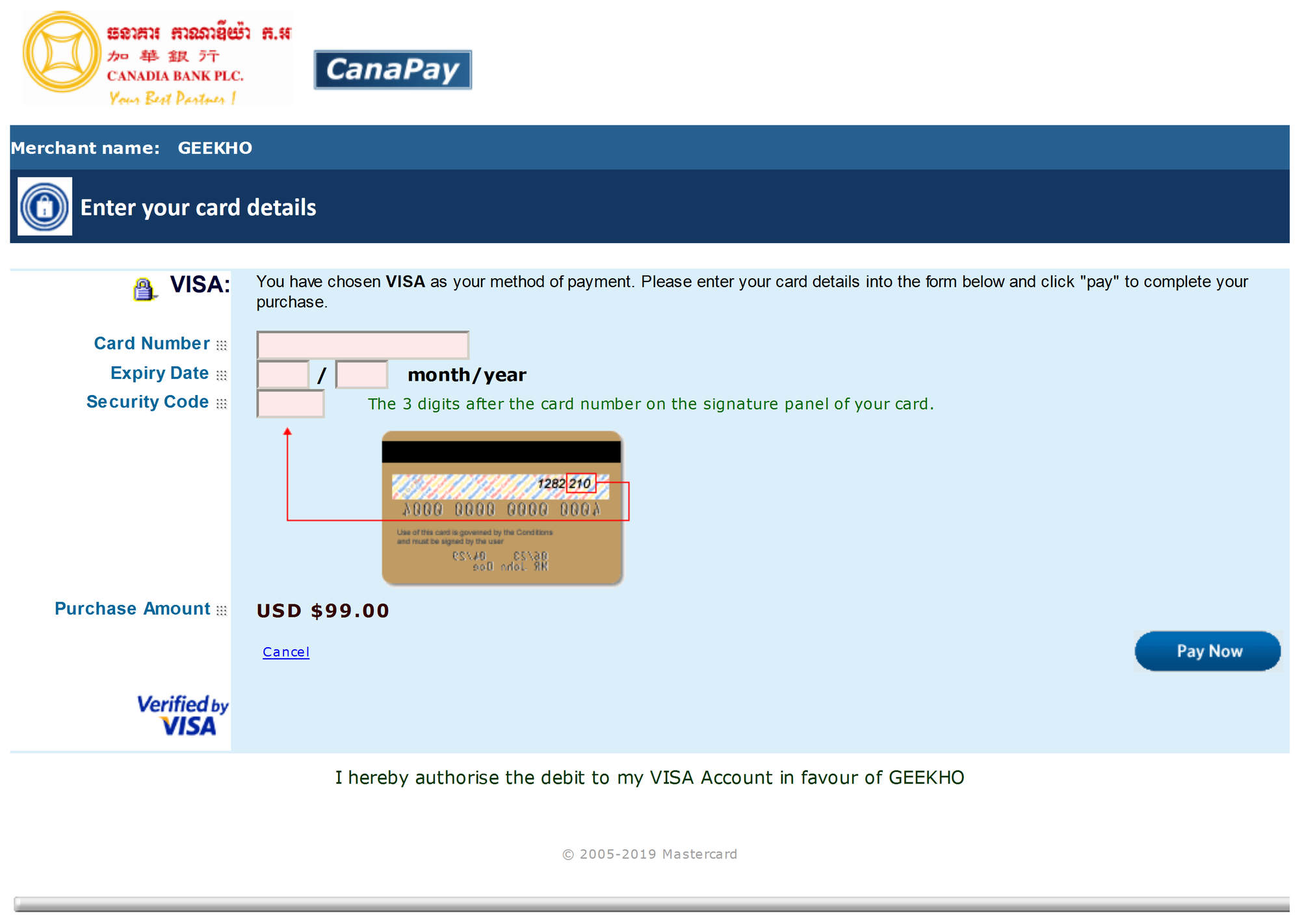 MIGS' payment interface for debit/credit card payments